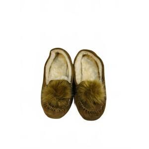 Bear Paw Brown Suede Women's Slippers with Faux Fur Pom Pom- 9